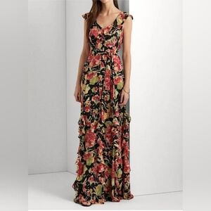 LAUREN RALPH LAUREN Floral Ruffle-Trim Hilantha Maxi Summer Weadding Gown Dress